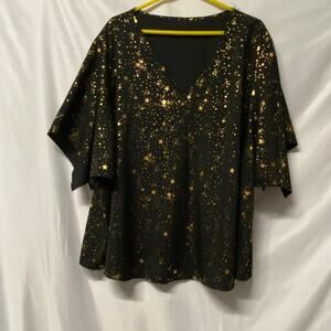 Black Top Size 8 XL Gold Stars Pullover V Neck Pointed Sleeves